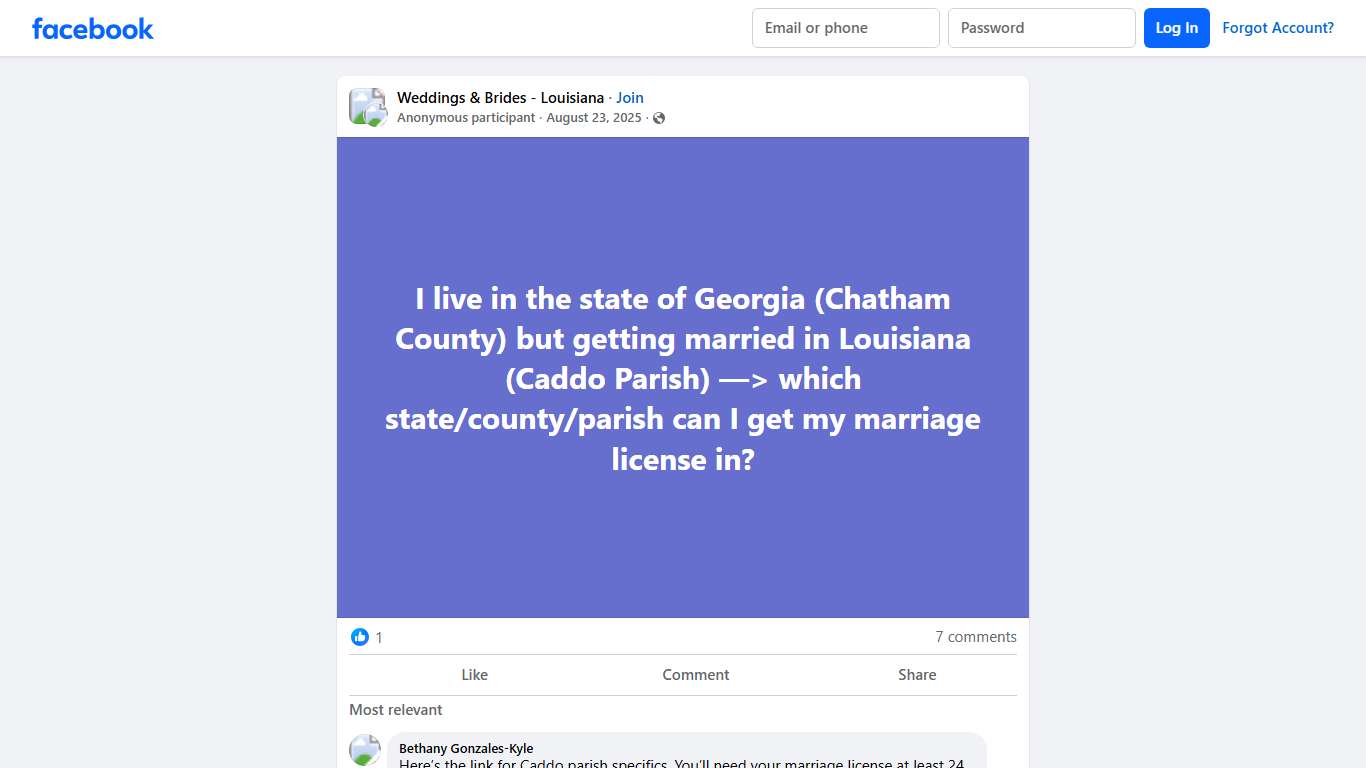 Weddings & Brides - Louisiana | I live in the state of Georgia (Chatham County) but getting married in Louisiana (Caddo Parish) —> which state/county/parish can I get my marriage ... | Facebook